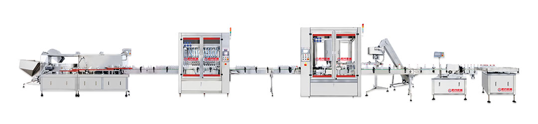 Automatic bottle unscrambler, filling, capping and labeling production line